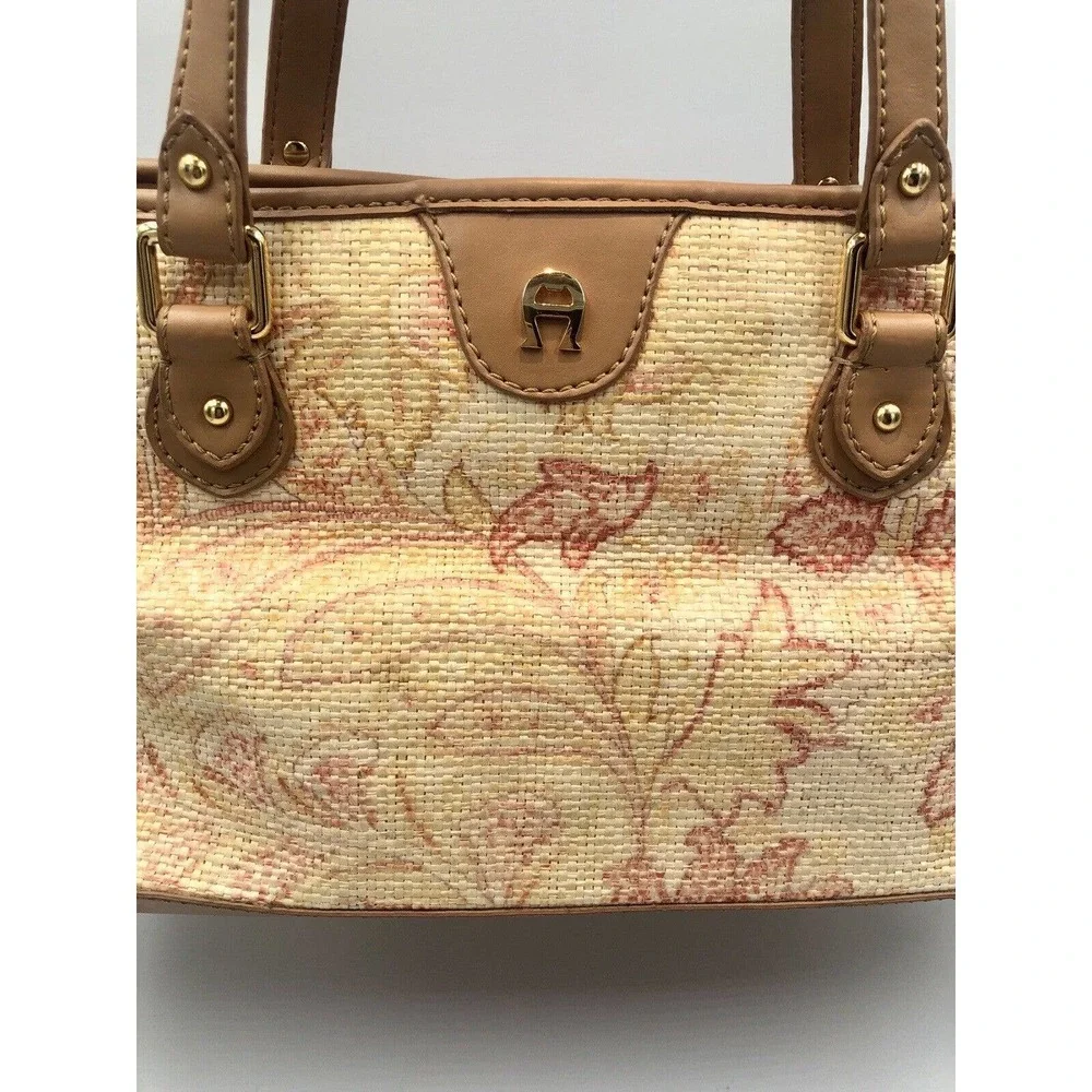 Etienne Aigner Floral Straw Hand Bag Cream Coral Camel Compartment Spring - Picture 3 of 13